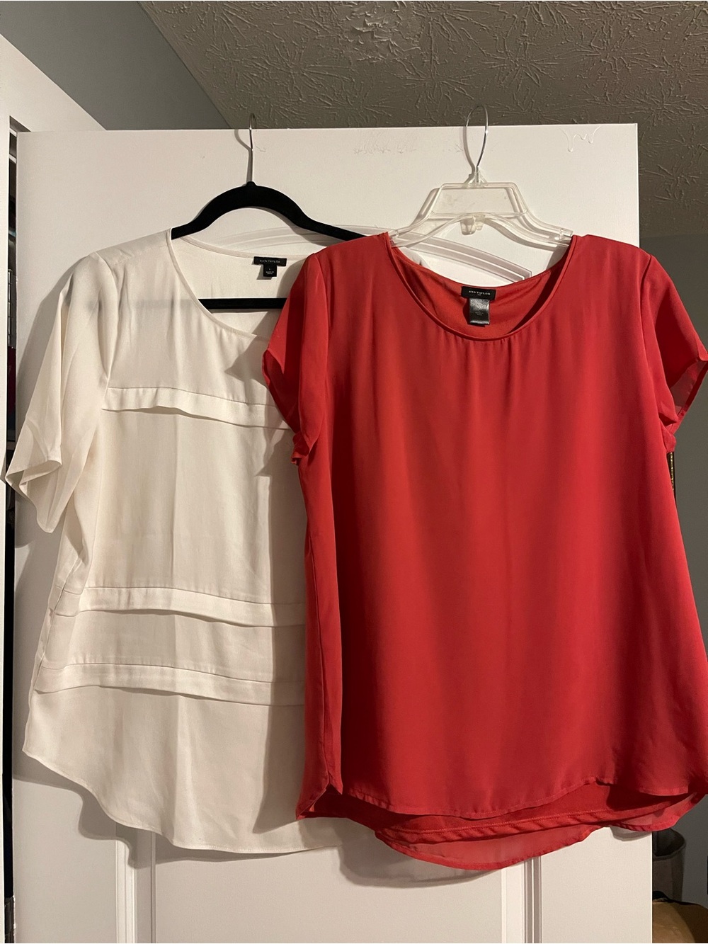 Ann Taylor Red Short-Sleeve Blouse and a off white short sleeve blouse